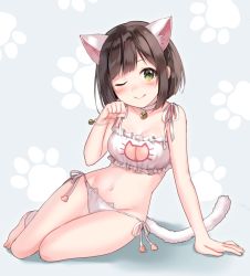 Rule 34 | 10s, 1girl, ;), animal ears, arm support, bad id, bad pixiv id, bell, neck bell, blush, breasts, brown hair, cat cutout, cat ear panties, cat ears, cat lingerie, cat tail, cleavage, cleavage cutout, clothing cutout, collar, fang, fang out, fukahire (ruinon), green eyes, idolmaster, idolmaster cinderella girls, jingle bell, looking at viewer, maekawa miku, meme attire, navel, one eye closed, panties, paw pose, short hair, side-tie panties, smile, solo, tail, underwear, underwear only