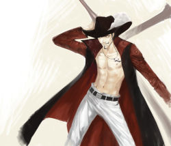 Rule 34 | 1boy, abs, black hair, dracule mihawk, fighting stance, hat, male focus, one piece, open clothes, open shirt, shirt, solo, sword, weapon, yoru (one piece)