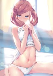 Rule 34 | 1girl, barefoot, bed sheet, blue bow, blue eyes, bow, bow panties, brown hair, clothes lift, hair bow, hamadamiku01, highres, holding, holding own hair, indoors, lens flare, lifted by self, long hair, midriff, navel, original, panties, parted bangs, shirt, shirt lift, sitting, sleeveless, sleeveless shirt, smile, solo, stomach, twintails, underwear, wariza, white bow, white panties, white shirt, window