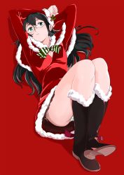 Rule 34 | 1girl, alternate costume, bad id, bad twitter id, black footwear, black hair, boots, breasts, capelet, cleavage, dress, full body, fur-trimmed boots, fur-trimmed dress, fur trim, glasses, green eyes, hairband, highres, kantai collection, long hair, looking at viewer, lying, mistletoe, ojipon, ooyodo (kancolle), panties, pantyshot, red background, red dress, semi-rimless eyewear, simple background, small breasts, solo, under-rim eyewear, underwear, white panties