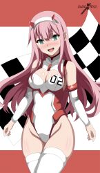 Rule 34 | 1girl, absurdres, artist logo, breasts, checkered flag, cleavage, cleavage cutout, clothes writing, clothing cutout, commentary, darling in the franxx, detached sleeves, english commentary, flag, green eyes, hairband, highres, horns, indexxryo, leotard, long hair, medium breasts, pink hair, red horns, solo, stomach, thighhighs, two-tone leotard, white hairband, white leotard, white thighhighs, zero two (darling in the franxx)