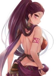 Rule 34 | 1girl, armor, back, bare back, bare shoulders, blush, braid, breasts, brown eyes, butt crack, closed mouth, cowboy shot, earrings, facial mark, fire emblem, fire emblem: three houses, from behind, high ponytail, highres, holding, holding own hair, jewelry, leonmandala, long hair, looking at viewer, looking back, medium breasts, nintendo, petra macneary, purple hair, revealing clothes, shoulder armor, sideboob, simple background, smile, solo, tassel, tassel earrings, tattoo, very long hair, white background