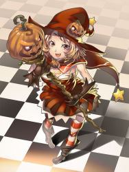 Rule 34 | 1girl, bad id, bad pixiv id, blonde hair, boots, fang, food-themed hair ornament, gloves, hair ornament, halloween, hat, highres, jack-o&#039;-lantern, knife (artist), original, pumpkin, pumpkin hair ornament, red eyes, short hair, solo, staff, star (symbol), striped clothes, striped thighhighs, thighhighs, witch, witch hat