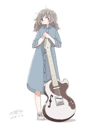 Rule 34 | 1girl, black eyes, blue dress, blush, brown hair, buttons, collared dress, dated, dress, east sha2, full body, guitar, instrument, long hair, long sleeves, looking at viewer, no nose, original, shadow, shoes, signature, simple background, solo, standing, white background, white footwear