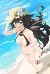 Rule 34 | 2girls, :d, bare legs, beach, bikini, black hair, blue eyes, blush, breasts, cleavage, commentary, criss-cross halter, dappled sunlight, day, fang, fishofthelakes, floating hair, flower, from above, full body, granblue fantasy, halluel (granblue fantasy), halterneck, hat, hat flower, highres, holding hands, long hair, looking at viewer, malluel (granblue fantasy), medium breasts, multiple girls, navel, open mouth, out of frame, outdoors, sandals, shading eyes, shadow, smile, solo focus, stomach, straw hat, sunlight, swimsuit, thighs, walking, white bikini