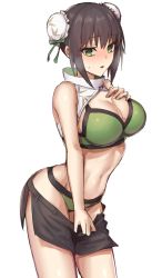 Rule 34 | 1girl, bare shoulders, belt, bikini, black hair, black shorts, breasts, bun cover, cleavage, collarbone, double bun, elfenlied22, fate/grand order, fate (series), green bikini, green eyes, green ribbon, hair bun, hair ribbon, large breasts, looking at viewer, navel, qin liangyu (chainsaw of the dead) (fate), qin liangyu (fate), ribbon, short shorts, shorts, sidelocks, solo, swimsuit, thighs