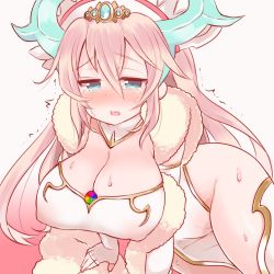 Rule 34 | 1girl, arm support, bad id, bad pixiv id, between breasts, blonde hair, blue eyes, blush, breasts, cleavage, covered erect nipples, crying, crying with eyes open, dress, elbow gloves, fingerless gloves, fur trim, gloves, hair ornament, headdress, horns, jewelry, large breasts, leaning, leaning forward, long hair, mashiro miru, no panties, open mouth, puzzle &amp; dragons, sakuya (p&amp;d), simple background, sleeveless, solo, stone, sweat, tears, thighhighs, trembling, white background, white dress, white gloves, white thighhighs