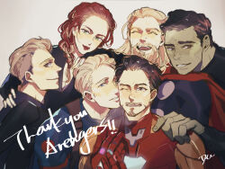Rule 34 | 1girl, 5boys, arc reactor, armor, avengers: endgame, avengers (series), beard, black armor, black bodysuit, black gloves, black hair, black shirt, black widow, blonde hair, blue bodysuit, blue eyes, blush, bodysuit, braid, breasts, brown eyes, cape, captain america, clint barton, closed eyes, closed mouth, colored skin, crossed legs, english text, facial hair, fingerless gloves, fingernails, from side, full armor, gloves, gradient hair, green eyes, green skin, grey background, hair ornament, hand on another&#039;s head, hand on another&#039;s shoulder, hand up, hands up, hawkeye (marvel), hulk, iron man, light brown hair, lips, long hair, looking at viewer, makeup, marvel, marvel cinematic universe, medium breasts, minihardee, multicolored armor, multicolored hair, multiple boys, natasha romanoff, one eye closed, open mouth, power armor, purple shirt, red armor, red cape, red hair, red lips, shirt, short hair, simple background, sitting, smile, standing, steve rogers, teeth, thor (marvel), tongue, tony stark, yellow armor