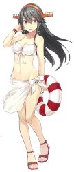 Rule 34 | 10s, 1girl, bare shoulders, bikini, black hair, bracelet, breasts, brown eyes, cleavage, footwear bow, front-tie top, full body, hair ornament, hairband, hairclip, haruna (kancolle), headgear, high heels, innertube, jewelry, kantai collection, konishi (koconatu), light smile, long hair, looking at viewer, medium breasts, navel, official art, parted lips, sarong, solo, swim ring, swimsuit, transparent background, white bikini