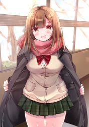 Rule 34 | 1girl, :d, bad id, bad pixiv id, black jacket, blush, bow, breasts, brown cardigan, brown hair, cardigan, commentary request, fang, fringe trim, green skirt, hair between eyes, highres, indoors, jacket, long hair, long sleeves, looking at viewer, medium breasts, minami saki, open clothes, open jacket, open mouth, original, plaid, plaid scarf, pleated skirt, red bow, red eyes, red scarf, scarf, school uniform, skirt, smile, solo, standing, thigh gap, v-shaped eyebrows, window