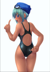 Rule 34 | 1girl, adjusting clothes, adjusting swimsuit, ass, competition swimsuit, from behind, goggles, green hair, index finger raised, ishii akira, one-piece swimsuit, one-piece tan, pointing, short hair, simple background, solo, swimsuit, tan, tanline, thigh gap, white background
