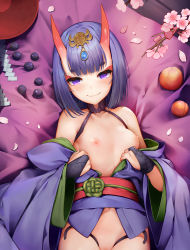 Rule 34 | 1girl, akizone, bare shoulders, blunt bangs, blush, bob cut, breasts, bridal gauntlets, cherry blossoms, collarbone, cup, fate/grand order, fate (series), food, fruit, highres, horns, japanese clothes, kimono, lips, looking at viewer, lying, navel, nipples, no bra, no panties, obi, off shoulder, on back, oni, open clothes, open kimono, out-of-frame censoring, peach, petals, purple eyes, purple hair, purple kimono, revealing clothes, sakazuki, sash, short eyebrows, short hair, shuten douji (fate), skin-covered horns, small breasts, smile, solo, thick eyebrows