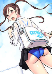 Rule 34 | 1girl, absurdres, arena (company), ass, bag, blue one-piece swimsuit, blush, brown eyes, brown hair, dress shirt, from behind, highres, kuri (kurigohan), long hair, looking at viewer, looking back, miniskirt, one-piece swimsuit, open mouth, original, see-through, shirt, skirt, solo, swept bangs, swimsuit, swimsuit under clothes, twintails