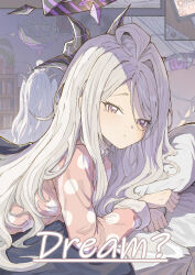 Rule 34 | 1girl, absurdres, ahoge, black horns, blue archive, blush, closed mouth, demon horns, grey hair, highres, hina (blue archive), hina (pajamas) (blue archive), horns, kukuki, long hair, looking at viewer, multiple horns, multiple views, official alternate costume, pajamas, parted bangs, pink pajamas, plant, polka dot, polka dot pajamas, potted plant, purple eyes, very long hair