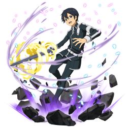 Rule 34 | 1boy, black eyes, black hair, black jacket, black pants, hair between eyes, highres, holding, holding sword, holding weapon, jacket, kirito, leg up, long sleeves, looking at viewer, male focus, official art, open mouth, pants, solo, sword, sword art online, transparent background, weapon