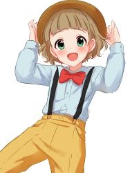 Rule 34 | 10s, 1boy, :d, blunt bangs, blush, bow, bowtie, brown hair, child, collared shirt, cowboy shot, green eyes, hands on headwear, hands up, hat, highres, himeno kanon, idolmaster, idolmaster side-m, legs apart, long sleeves, looking at viewer, male focus, open mouth, pants, red bow, red bowtie, sekina, shirt, smile, solo, suspenders, yellow pants