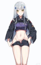 Rule 34 | 1girl, blunt bangs, blush, breasts, clothes pull, facial mark, girls&#039; frontline, green eyes, groin, hair ornament, highres, hk416 (girls&#039; frontline), long hair, navel, parted lips, pulled by self, short shorts, shorts, silver hair, simple background, solo, white background, yp7 (vvy)