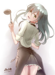 Rule 34 | 10s, 1girl, apron, brown skirt, frilled skirt, frills, from behind, green eyes, green hair, hair ornament, hairclip, kantai collection, ladle, long hair, looking at viewer, looking back, matching hair/eyes, morigami (morigami no yashiro), pleated skirt, skirt, smile, solo, suzuya (kancolle), twitter username