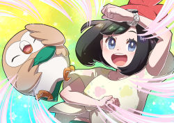 Rule 34 | 1girl, :d, beanie, black hair, blue eyes, commentary request, creatures (company), eyelashes, floral print, game freak, gen 7 pokemon, green shorts, hat, he72oh, highres, nintendo, open mouth, pokemon, pokemon (creature), pokemon sm, red headwear, rowlet, selene (pokemon), shirt, short sleeves, shorts, smile, t-shirt, teeth, tied shirt, tongue, upper teeth only, yellow shirt, z-ring