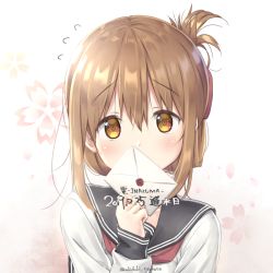 Rule 34 | 1girl, 2019, akitsuki tsukasa, black sailor collar, blush, brown eyes, brown hair, character name, commentary request, dated, flying sweatdrops, folded ponytail, hair between eyes, holding, holding letter, inazuma (kancolle), kantai collection, letter, long sleeves, neckerchief, red neckerchief, sailor collar, school uniform, serafuku, short hair, solo, twitter username