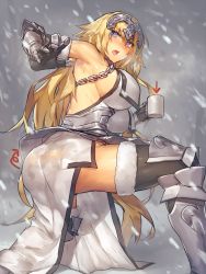 Rule 34 | 1girl, armpits, arrow (symbol), ass, black thighhighs, blonde hair, blue eyes, blush, breasts, cup, fate/apocrypha, fate/grand order, fate (series), fur-trimmed legwear, fur trim, gauntlets, highres, huge breasts, jeanne d&#039;arc (fate), jeanne d&#039;arc (ruler) (fate), jeanne d&#039;arc (third ascension) (fate), large breasts, long hair, looking at viewer, melon22, mug, open mouth, sideboob, snowing, solo, thighhighs, thighs, very long hair