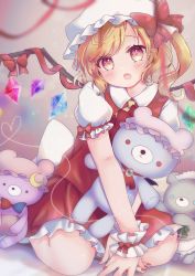 Rule 34 | 1girl, :o, apron, arm support, ascot, back bow, blonde hair, blurry, blurry background, blush, book, bow, brooch, character doll, commentary request, crescent, crescent hat ornament, crystal, depth of field, fang, flandre scarlet, green ascot, hat, hat bow, hat ornament, heart, heart-shaped pupils, highres, holding, holding book, holding stuffed toy, izayoi sakuya, jewelry, leaning forward, looking at viewer, maid headdress, mob cap, nail polish, one side up, open mouth, patchouli knowledge, petticoat, pink eyes, pink hat, puffy short sleeves, puffy sleeves, red ascot, red bow, red nails, red skirt, red vest, remilia scarlet, short hair, short sleeves, simple background, sitting, skin fang, skirt, solo, stuffed animal, stuffed toy, suzukkyu, swept bangs, symbol-shaped pupils, teddy bear, touhou, v arms, vest, waist apron, wariza, white apron, white background, white bow, wings, yellow ascot