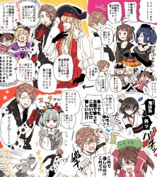 Rule 34 | 1boy, 6+girls, admiral (kancolle), admiral arisugawa, alternate costume, alternate hairstyle, basket, bismarck (kancolle), blazer, blonde hair, blue hair, brown hair, comic, cosplay, food, gloves, grey hair, halloween, hammer, hat, head wings, jacket, kantai collection, kasumi (kancolle), light cruiser oni, light cruiser oni (cosplay), mini hat, mini top hat, multiple girls, nagomi (mokatitk), naka (kancolle), nontraditional miko, outstretched arms, pirate costume, prinz eugen (kancolle), ryuujou (kancolle), souryuu (kancolle), sparkle, sweets, throwing, top hat, translation request, weapon, wings, yamashiro (kancolle)