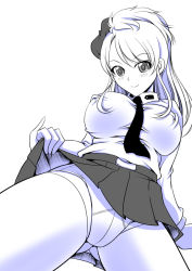 Rule 34 | 1girl, amaretto (girls und panzer), anzio school uniform, blush, breasts, clothes lift, covered erect nipples, crotch seam, dutch angle, from below, girls und panzer, gluteal fold, greyscale, large breasts, lifted by self, monochrome, necktie, panties, panties under pantyhose, pantyhose, rusher, school uniform, skirt, skirt lift, smile, spread legs, thighs, underwear, white background, white pantyhose