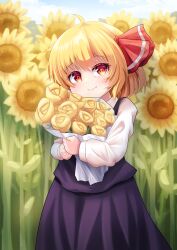 Rule 34 | 1girl, black skirt, black vest, blonde hair, bouquet, fang, flower, hair ribbon, highres, holding, holding bouquet, looking at viewer, outdoors, red eyes, ribbon, rion (user ufvg8527), rumia, shirt, short hair, skirt, smile, solo, sunflower, touhou, vest, white shirt
