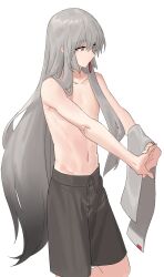 Rule 34 | 1boy, androgynous, bad link, chorefuji, collarbone, commentary request, grey eyes, grey hair, grey towel, hair between eyes, hair tie in mouth, highres, interlocked fingers, long hair, looking down, male focus, male swimwear, mouth hold, navel, original, own hands together, red pupils, sidelocks, solo, stretching, topless male, towel, very long hair, white background
