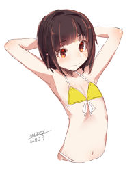 Rule 34 | 1girl, arms behind head, arms up, bare arms, bare shoulders, bikini, blush, brown hair, closed mouth, collarbone, cropped torso, dated, flat chest, front-tie bikini top, front-tie top, leaning back, maze (gochama ze gohan), navel, original, red eyes, signature, simple background, smile, solo, swimsuit, upper body, white background, yellow bikini