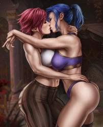 Rule 34 | 2girls, arcane: league of legends, arcane vi, bandaid, bandaid on arm, blue hair, blurry, blurry background, bra, breasts, caitlyn (league of legends), closed eyes, dandon fuga, highres, kiss, league of legends, multiple girls, muscular, muscular female, navel, panties, pants, pink hair, plant, ponytail, short hair, stomach, striped clothes, striped pants, thighhighs, toned, underwear, vi (league of legends), yuri
