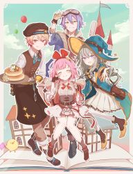 Rule 34 | &gt; &lt;, 2boys, 2girls, :d, :q, ^ ^, absurdres, apron, aqua coat, aqua hair, aqua headwear, aqua neckerchief, aqua ribbon, arm up, atashi-tachi no happy end (project sekai), backpack, bag, balloon, belt, belt buckle, belt pouch, beret, bird, black bow, black bowtie, black footwear, blonde hair, blue jacket, blue sky, blush, book, boots, border, bow, bowtie, brooch, brown apron, brown bag, brown belt, brown footwear, brown gloves, brown hairband, brown headwear, brown pants, brown vest, buckle, buttons, castle, chick, chocolate syrup, closed eyes, closed mouth, cloud, coat, collared dress, collared shirt, commentary, corset, day, double-breasted, dress, dress shirt, eyelashes, fingerless gloves, flag, fold-over boots, food, footwear bow, frilled sleeves, frills, gloves, goggles, goggles on head, gradient hair, grey corset, grey hair, grin, hair between eyes, hair ribbon, hairband, hand on own hip, hands up, hat, hat belt, highres, holding, holding flag, holding tray, house, ice cream, jacket, jewelry, kamishiro rui, kusanagi nene, lace, lace-trimmed dress, lace trim, licking lips, long hair, long sleeves, looking at viewer, low-tied sidelocks, multicolored hair, multiple boys, multiple girls, natsuna (momomoiro), neckerchief, official alternate costume, ootori emu, open book, open clothes, open coat, open jacket, open mouth, orange eyes, orange hair, outline, outstretched arm, pancake, pants, pantyhose, pink hair, popped collar, pouch, project sekai, purple eyes, purple hair, red bow, red hair, red neckerchief, red ribbon, ribbon, satchel, shirt, short hair, sidelocks, sky, sleeve cuffs, smile, spatula, sprinkles, star (symbol), streaked hair, string of flags, teeth, tenma tsukasa, test tube, tongue, tongue out, tray, two-tone gloves, vest, vial, white border, white dress, white outline, white pantyhose, white shirt, wide sleeves, wing collar, witch hat, wonderlands x showtime (project sekai), yellow eyes