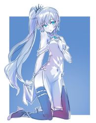 Rule 34 | 1girl, blue eyes, china dress, chinese clothes, covered navel, dress, earrings, high heels, highres, iesupa, jewelry, legwear garter, limited palette, long hair, pelvic curtain, pendant, ponytail, rwby, scar, scar across eye, scar on face, side ponytail, single legwear garter, solo, thigh strap, thighhighs, tiara, weiss schnee, white hair