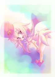 Rule 34 | 1girl, :d, ankle boots, bare legs, benesse, bent over, blonde hair, blush, boots, fang, hat, hatena yousei, long hair, looking at viewer, mikage baku, no panties, open mouth, pink eyes, pink hat, puffy short sleeves, puffy sleeves, red footwear, short sleeves, smile, solo, standing