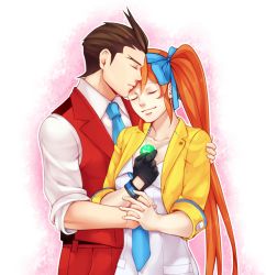 Rule 34 | 1boy, 1girl, ace attorney, apollo justice, athena cykes, black gloves, blue bow, blue necktie, bow, brown hair, closed eyes, collarbone, couple, gloves, hair bow, hairband, hetero, holding hands, janelle, jewelry, long hair, necklace, necktie, orange hair, phoenix wright: ace attorney - dual destinies, shirt, side ponytail, single glove, smile, white shirt
