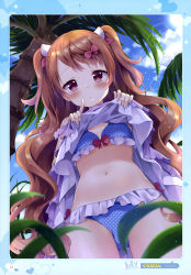 Rule 34 | 1girl, absurdres, bikini, blue bikini, blush, bow, breasts, brown eyes, brown hair, cleavage, clothes lift, cloud, cloudy sky, day, dress, dress lift, frilled bikini, frills, from below, hair bow, highres, index finger raised, kuune rin, lens flare, long hair, looking at viewer, navel, original, outdoors, palm tree, parted lips, red bow, sky, small breasts, solo, swimsuit, tree, two side up, very long hair