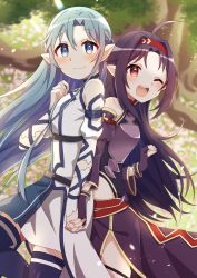 Rule 34 | 2girls, ;d, absurdres, ahoge, armor, asuna (sao), asuna (sao-alo), bare shoulders, blue eyes, blue hair, blush, detached sleeves, fingerless gloves, gloves, hairband, hana no yo, highres, holding hands, long hair, looking at viewer, multiple girls, one eye closed, open mouth, parted bangs, pointy ears, purple armor, purple hair, red eyes, red hairband, smile, sword art online, tree, yuuki (sao)