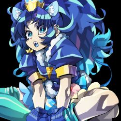 Rule 34 | 10s, 1girl, :o, animal ears, black background, blue bow, blue eyes, blue footwear, blue gloves, blue hair, blue shirt, blue skirt, blue theme, blue thighhighs, bow, cat ears, cat tail, cure gelato, extra ears, fang, gloves, indian style, kirakira precure a la mode, lion ears, lion tail, long hair, looking at viewer, magical girl, open mouth, precure, senmu (0107), shirt, shoes, simple background, single thighhigh, sitting, skirt, solo, tail, tategami aoi, thighhighs