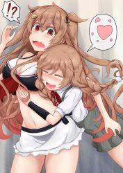 Rule 34 | !?, 2girls, absurdres, blush, bow, bowtie, braid, breasts, brown eyes, cleavage, glomp, gradient hair, hair flaps, happy, heart, heterochromia, highres, hug, hug from behind, kantai collection, light brown hair, long hair, minegumo (kancolle), multicolored hair, multiple girls, murasame (kancolle), noyomidx, open mouth, plaid neckwear, pleated skirt, red eyes, red neckwear, shirt, skirt, spoken heart, surprised, suspenders, teeth, twin braids, twintails, two side up, upper teeth only, white shirt