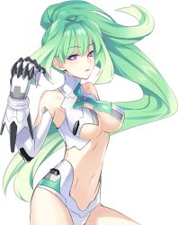 Rule 34 | 10s, 1girl, :o, arched back, armor, armpits, bare shoulders, breast clinging, breasts, center opening, choujigen game neptune, claws, cleavage, cowboy shot, detached sleeves, elbow gloves, face, female focus, floating hair, formal, from side, gauntlets, gloves, green hair, green heart (neptunia), hair intakes, half-closed eyes, halterneck, hand up, high ponytail, large breasts, leotard, long hair, looking at viewer, magical girl, midriff, navel, neptune (series), official art, open mouth, ponytail, power symbol, power symbol-shaped pupils, purple eyes, revealing clothes, solo, suit, symbol-shaped pupils, transparent background, tsunako, turtleneck, underboob, vert (neptunia), very long hair