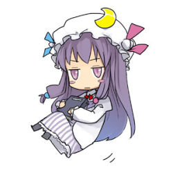 Rule 34 | 1girl, book, crescent, dress, expressionless, female focus, floating, full body, grimoire, holding, holding book, jitome, kusano houki, long hair, long sleeves, lowres, motion lines, patchouli knowledge, purple eyes, purple hair, solo, touhou, very long hair, white dress