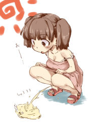 Rule 34 | 1girl, animal, ant, blush, breasts, brown eyes, brown hair, bug, cleavage, clothes lift, collarbone, dress, dress lift, insect, kari inu, long hair, looking down, no panties, open mouth, peeing, pink dress, puddle, red footwear, sandals, sleeveless, sleeveless dress, small breasts, squatting, strap slip, sun, twintails, white background