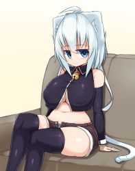 Rule 34 | 1girl, ahoge, animal ears, bare shoulders, bell, belly, black thighhighs, blush, breasts, cat ears, cat girl, cat tail, collar, couch, covered erect nipples, crossed legs, curvy, elbow gloves, fat, fat rolls, felt whitesnow, female focus, gloves, gradient background, huge breasts, large breasts, looking at viewer, navel, neck bell, open clothes, open shorts, original, panties, plump, puffy nipples, sawati, seductive smile, shorts, sitting, smile, solo, striped clothes, striped panties, tail, thick thighs, thighhighs, thighs, underboob, undersized clothes, underwear, white hair, wide hips