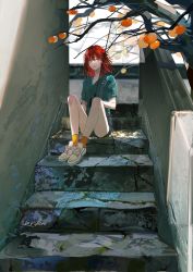 Rule 34 | 1girl, aqua eyes, aqua shirt, bare legs, branch, collarbone, commentary, denim, denim shorts, food, fruit, highres, holding, holding umbrella, kra (yklazy), light particles, looking at viewer, medium hair, orange socks, original, outdoors, parted lips, persimmon, red hair, shirt, shoes, short sleeves, shorts, signature, sneakers, socks, solo, stairs, sunlight, suspender shorts, suspenders, t-shirt, transparent, transparent umbrella, tree, umbrella, white footwear