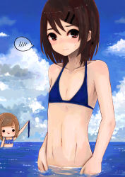Rule 34 | 1boy, 1girl, :&gt;, absurdres, arm at side, arm up, arms at sides, assisted exposure, bikini, unworn bikini bottom, black eyes, blue bikini, blue sky, blunt bangs, blush, brown eyes, brown hair, closed mouth, clothes theft, cloud, cloudy sky, collarbone, day, embarrassed, flat chest, hair between eyes, hair ornament, hair ribbon, hair tie, hairclip, half updo, halterneck, highres, holding, holding clothes, holding swimsuit, horizon, johnjohn, looking at viewer, navel, ocean, original, outdoors, partially submerged, polka dot, polka dot bikini, ribbon, short hair, sky, smile, spoken blush, standing, stomach, sweat, sweatdrop, swimsuit, swimsuit theft, theft, trap, tress ribbon, upper body, water