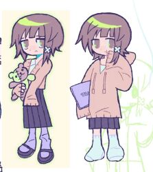 :&lt; :t asymmetrical_hair brown_cardigan brown_eyes brown_hair cardigan choppy_bangs dot_nose hair_ornament iwakura_lain mary_janes melps multiple_views pleated_skirt serial_experiments_lain shoes single_sidelock sketch sketch_background skirt socks stuffed_animal stuffed_toy teddy_bear x_hair_ornament