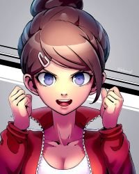 Rule 34 | 1girl, :d, artist name, asahina aoi, blue eyes, breasts, brown hair, cleavage, collarbone, commentary, danganronpa: trigger happy havoc, danganronpa (series), dark-skinned female, dark skin, datcravat, grey background, hair ornament, hairclip, hands up, highres, jacket, large breasts, long sleeves, looking at viewer, open mouth, ponytail, portrait, red jacket, shirt, short hair, smile, solo, teeth, upper body, upper teeth only, white shirt