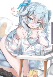Rule 34 | 1girl, 7gao, adjusting eyewear, bare shoulders, bent over, blue-framed eyewear, blue eyes, blue hair, breasts, choker, collarbone, girls&#039; frontline, glasses, hair between eyes, hair ribbon, hand on eyewear, heart, heart-shaped pupils, highres, long hair, looking away, looking to the side, naked shirt, off shoulder, official alternate costume, pa-15 (girls&#039; frontline), pa-15 (marvelous yam pastry) (girls&#039; frontline), parted lips, playstation controller, ribbon, shirt, small breasts, solo, symbol-shaped pupils, thighs, two side up, white shirt