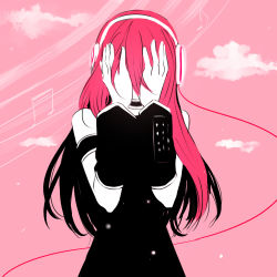 Rule 34 | 1girl, arm warmers, armband, bare shoulders, cable, cloud, colored skin, covering privates, covering face, covering own eyes, flat color, headphones, high contrast, ktsis, last song (vocaloid), long hair, megurine luka, monochrome, musical note, open mouth, pink background, pink hair, pink theme, solo, vocaloid, white skin